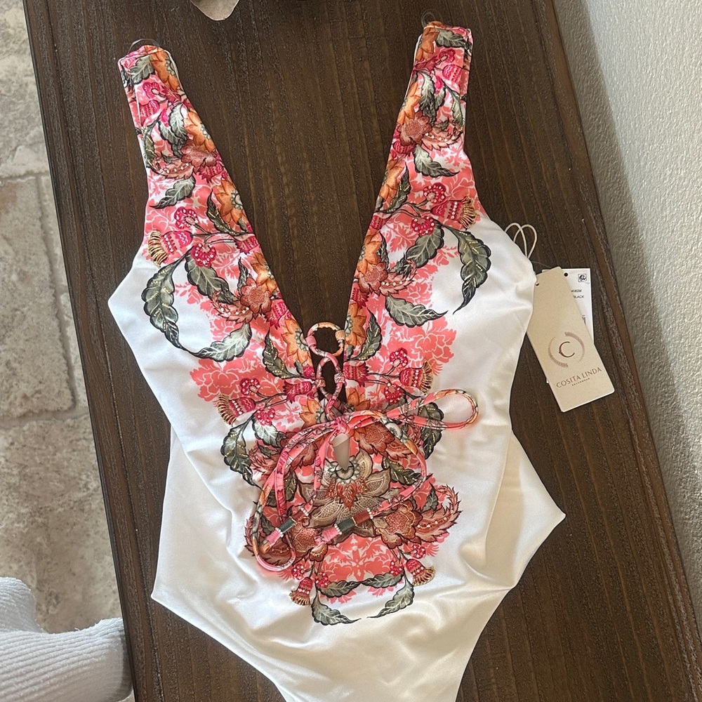 Luxury Lace-Up One-Piece Swimsuit in White and Coral